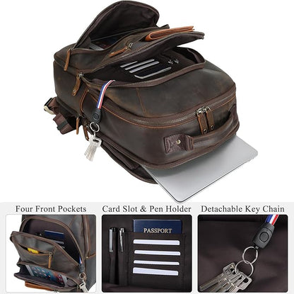TIDING Men's Full Grain Leather Backpack Fits 16" Laptop, Vintage Business Casual Daypack 19L Overnight Travel Rucksack