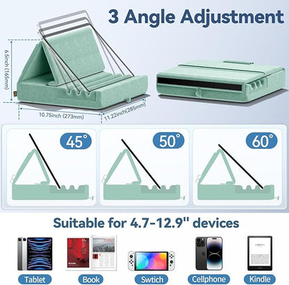 KDD Tablet Pillow Holder, Foldable iPad Stand for Lap, Bed and Desk -Tablet Soft Pad Dock with Pocket & Stylus Mount Compatible with iPad Pro 12.9, 10.5, 9.7 Air Mini 6 5 4 3, E-Reader