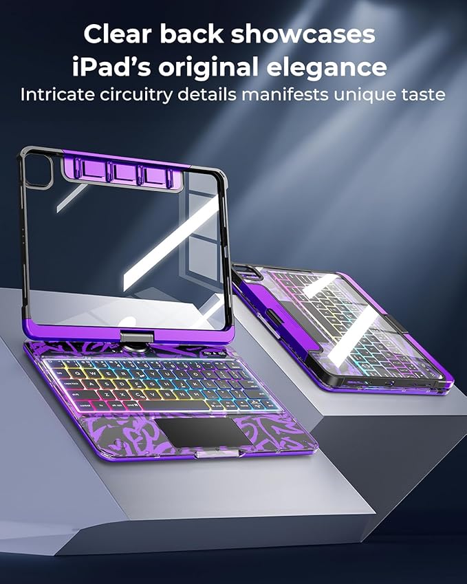 SIEBITU Clear Wireless Keyboard Case for iPad Air 11-inch (M3 2025/M2 2024) & iPad Pro 11-inch 4th 3rd 2nd 1st Gen, 7-Color Backlit with Multi-Touch Trackpad for 10.9" iPad Air 4th/5th Gen, Purple