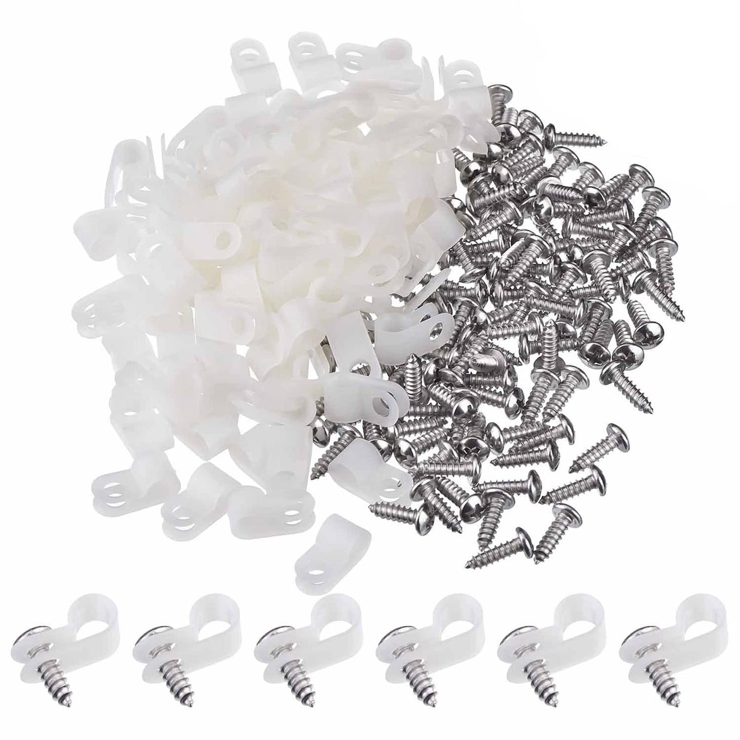 Hicarer 50 Pack R-Type Cable Clip Wire Clamp, Nylon Screw Mounting Cord Fastener Clips with 50 Pack Screws for Wire Management (White,1/2 Inch)