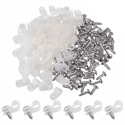 Hicarer 50 Pack R-Type Cable Clip Wire Clamp, Nylon Screw Mounting Cord Fastener Clips with 50 Pack Screws for Wire Management (White,1/2 Inch)