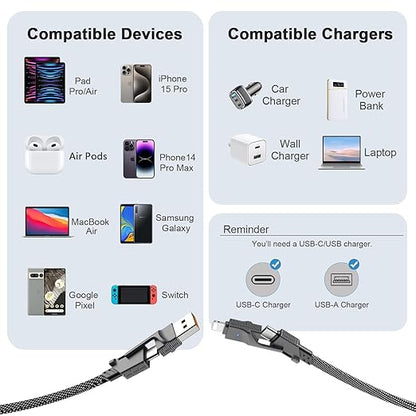 2Pack 4 in 1 USB C Cable for Lightning Cable [60W Fast Charging], 3FT Flat Braided USB C to USB C Charger Cord with L/Dual Type C/USB A Multi Port for iPhone 16 15 14 Pro Max/Samsung/i-Pad/Mac Book