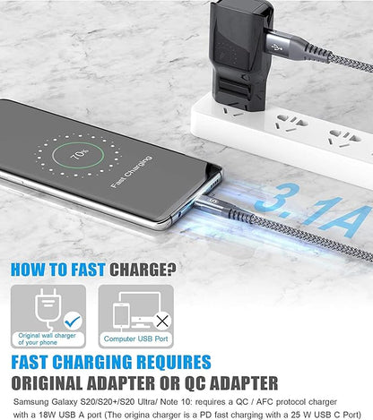 sweguard USB C Cable 3.1A Fast Charging [3Pack,10ft+6.6ft+6.6ft], USB-A to USB-C Charger Nylon Braided Cord for Samsung Galaxy S21 S20 S10 S9 S8 Plus/FE Note 20 10 9 8 7, A71 A51 A32,LG,Moto,PS5