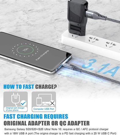 sweguard USB Type C Charger Cable [3-Pack,6.6ft+3.3ft+1.5ft] iPhone 16 Charger Nylon Braided Cord for iPhone 16 15 Pro Max Plus Samsung Galaxy S24 S23 S22 S21 S20 S10 Note 20 10 A54 Pixel LG Moto PS5