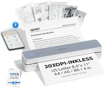 iDPRT Portable Printer Wireless for Travel - Bluetooth Mobile Printer Support for 8.5"x11" US Letter, Inkless Compatible with iOS, Android, Laptop for Office, Car and Home (pro, White)