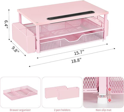 AUPSEN Pink Desk Organizers and Accessories, 2-Tier Wood Computer Monitor Stand with Drawer, Pen Storage & Phone Holder, Office Desk Accessories, Workspace Desktop Organization for Office Supplies
