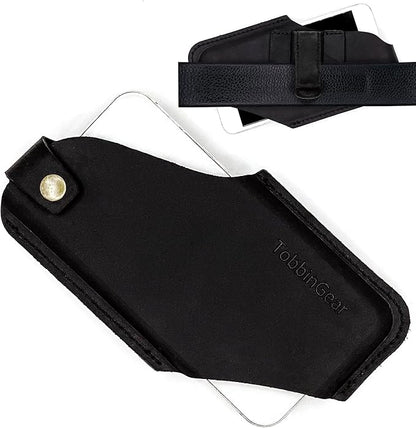 TobbinGear Left-Handed Leather Cell Phone Holster with Belt Clip, Universal Phone Holster for Men Belt Holder, Leather Case for iPhone, Samsung Galaxy Phones, Black, Medium