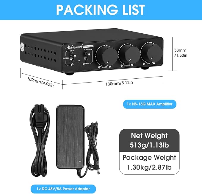 Douk Audio NS-13G MAX 300Wx2 Stereo Amplifier with Phono Input - HiFi Class D Mini Power Amp for Home Theater, Turntables, Studio Monitor | TPA3255 Chip, RCA/MM Inputs, Bass/Treble Control (DC 48V)