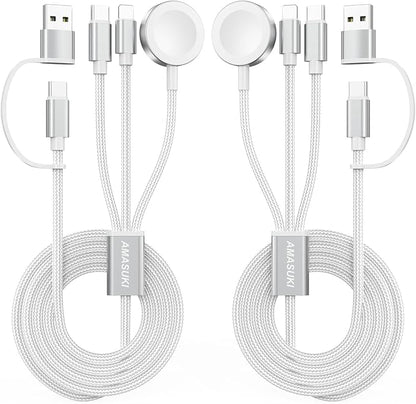 2Pack White-Travel Essentials 3 in 2 USB C Cable for Watch Charger Phone Charger USB C Multi Fast Charging Cable Compatible with Watch Ultra/SE/10/9/8/7/6/5/4/3/2/1 & Phone 16/15/14/Galaxy S23-4FT