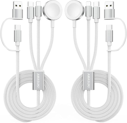 2Pack White-Travel Essentials 3 in 2 USB C Cable for Watch Charger Phone Charger USB C Multi Fast Charging Cable Compatible with Watch Ultra/SE/10/9/8/7/6/5/4/3/2/1 & Phone 16/15/14/Galaxy S23-4FT