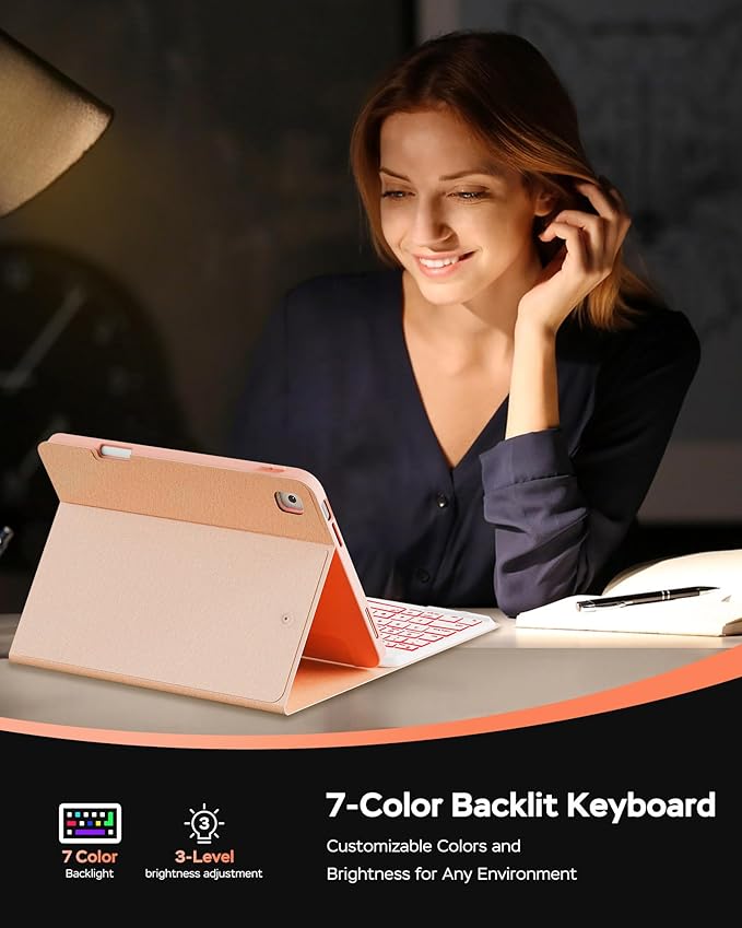 Keyboard Case for iPad 9th 8th 7th Generation Case 10.2" - 7 Colors Backlit Detachable Folio Keyboard Cover with Pencil Holder for iPad Pro 10.5" / iPad Air 3rd Gen (Pink)