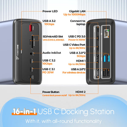 TobenONE Docking Station 3 Monitors, Triple Monitor Docking Station with Single 8K USB-C Video, Dual 4K HDMI, 10Gbps USB A/C, PD 3.0, 100W Power Supply, USB C Dock for Windows/ChromeOS, Dell, HP, ASUS