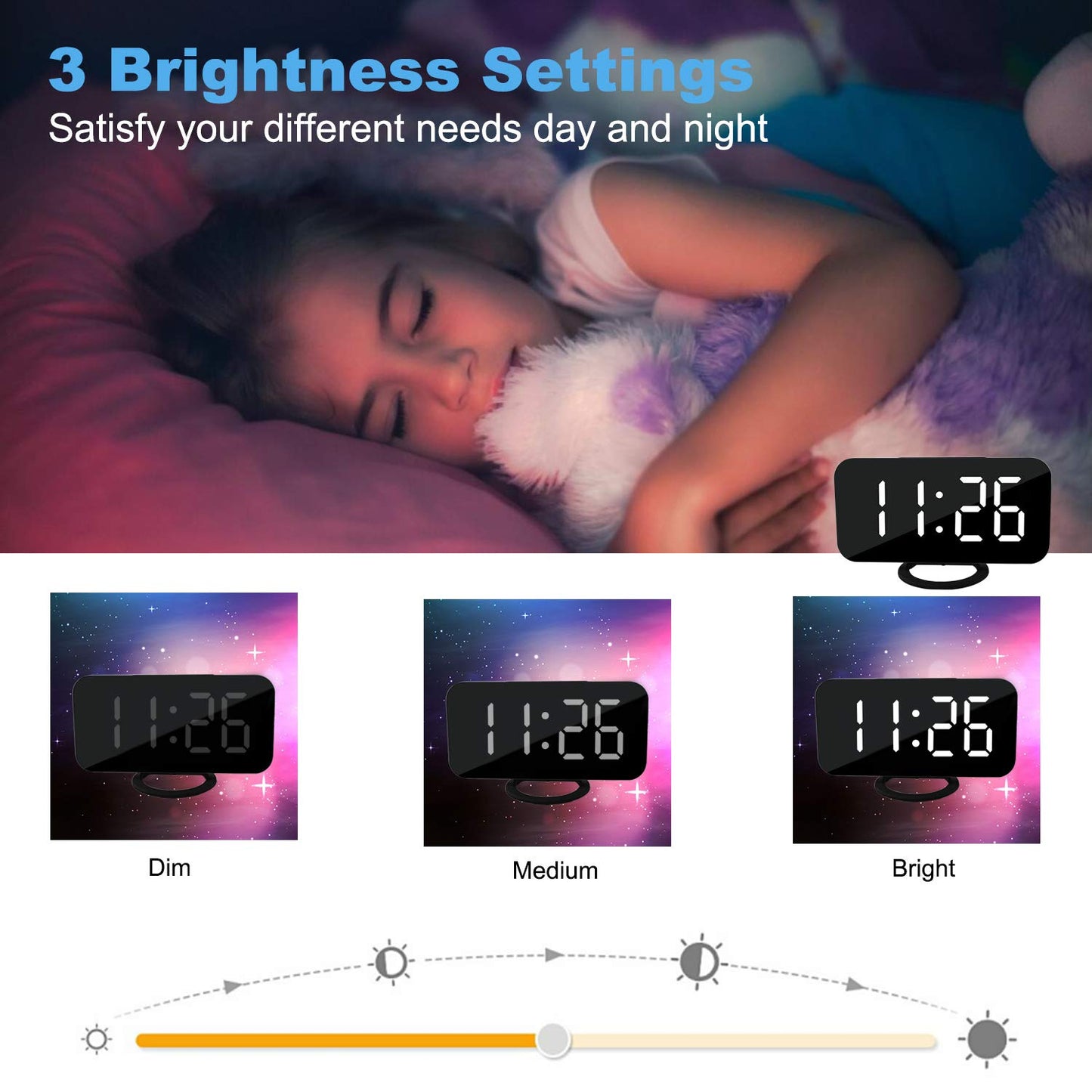 SZELAM Digital Clock Large Display, LED Alarm Electric Clocks Mirror Surface for Makeup with Diming Mode, 3 Levels Brightness, Dual USB Ports Modern Decoration for Home Bedroom Decor-Black