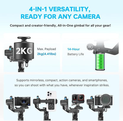 FeiyuTech SCORP Mini 3 Pro [Kit] Camera Gimbal – AI 4.0 Tracking, Detachable Handle [Bag+Fill Light+Extension Pole] 4.4lbs Payload – Gimbal Stabilizer for Mirrorless,Compact,Action Cam & Smartphones