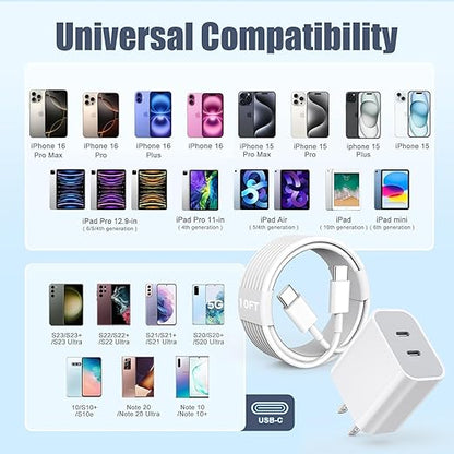 Charger for iPhone 16/15 Pro Max Charger Fast Charging, 2Pack 20W Dual Port USB C Fast Charger Block with 10FT Long USB C to C Charging Cable Cord for iPhone 15 Pro Max/15 Pro/15/15 Plus, iPad Pro/Air