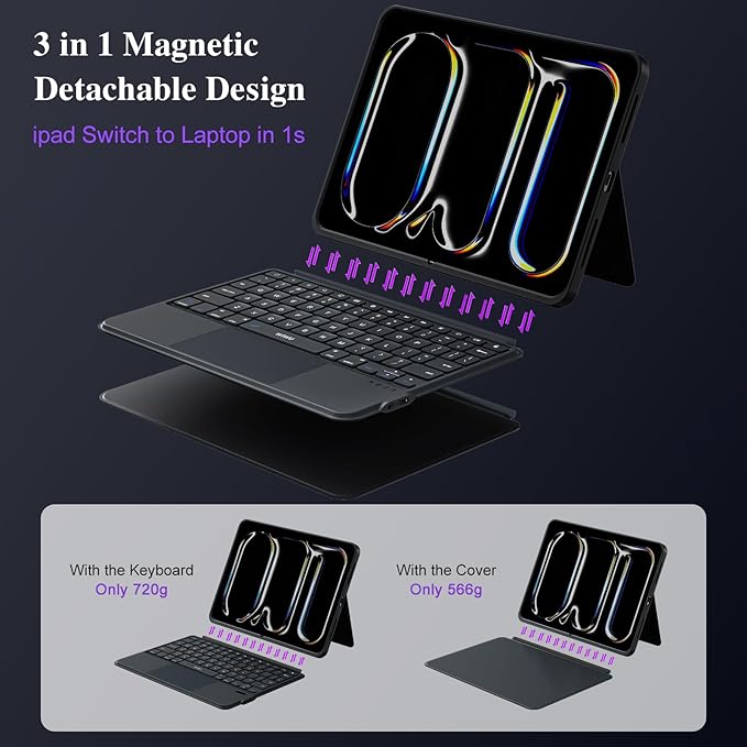 iPad Pro 13 inch Case with Keyboard (M5 2025, M4 2024), Flex Magnetic Detachable Backlit Keyboard Case, Larger Multi-Trackpad, Landscape/Portrait, 160° Adjustable Stand, Slim Protective Case (Black)