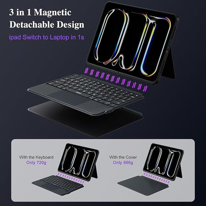 iPad Pro 13 inch Case with Keyboard (M5 2025, M4 2024), Flex Magnetic Detachable Backlit Keyboard Case, Larger Multi-Trackpad, Landscape/Portrait, 160° Adjustable Stand, Slim Protective Case (Black)
