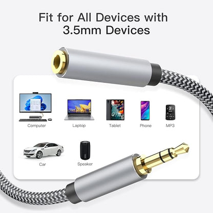 3.5mm Headphone Extension Cable 20ft, Nylon Braided Aux Cord Extender for Smartphones, Tablets, Media Players (No Mic Support)