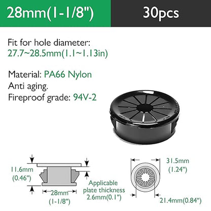 30PCS Cable Grommets, 1-1/8"(28mm) Desk Hole Cover Petal Shaped Buckle Type Nylon Snap Bushing Grommet, Wire Hole Cover Insert for Cables and Cords Management and Protection of Cabinet, Black