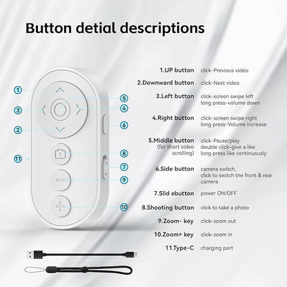 Bluetooth Camera Remote Shutter with Zoom and Front/Rear Camera Switch for Photo and Vlogging,Cllphone Remote Clicker for iOS & Android Smartphone, Wireless Video Scrolling for Tiktok