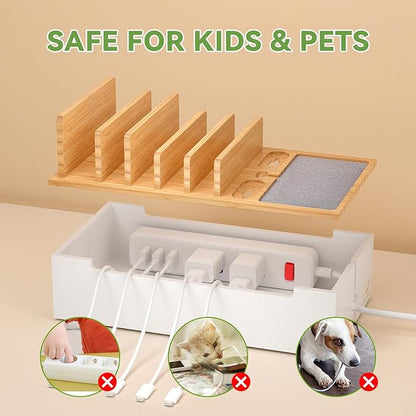 Pezin & Hulin Bamboo Cable Management Box, Wire Organizers for Cords, Charge Station Box, Desktop Dock Organizer Rack for Electronic Device (Include 6 Cables)(No Power Adapter) -Natural + White