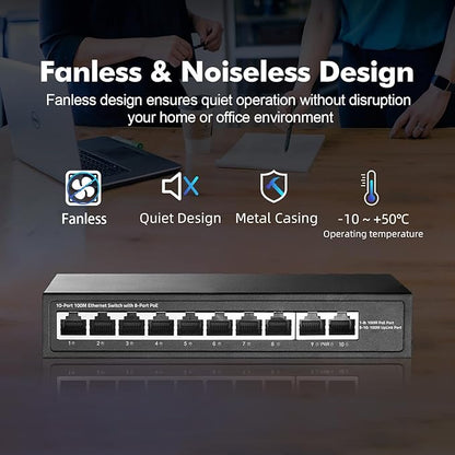 10 Port Mini PoE Switch with 8 PoE+, 2 Uplink, 10/100Mbps Ethernet, 120W 802.3af/at PoE, Fanless Metal Plug & Play PoE+ YuLinca Network Switch