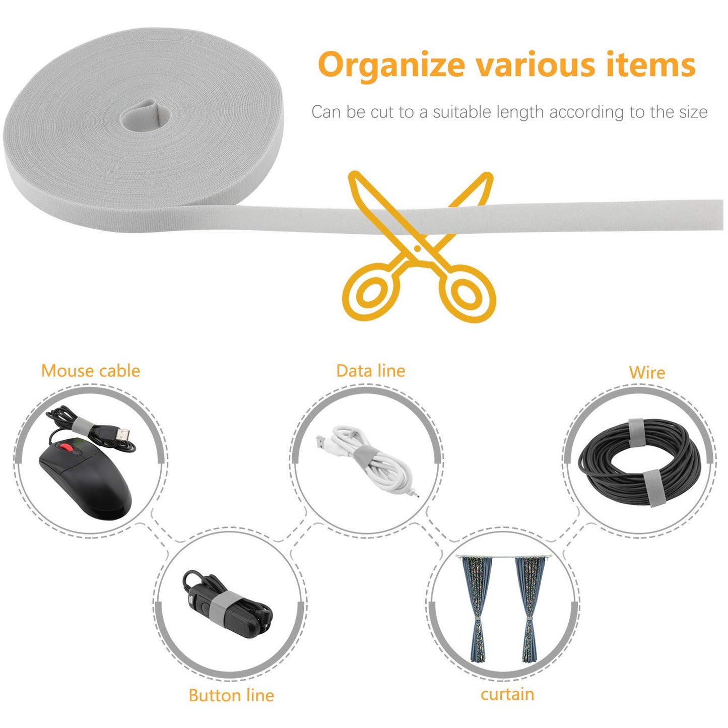 Saisn Reusable Fastening Tape Cable Ties 3/4 Inch Double Side Hook Roll (25 Yard, Grey)