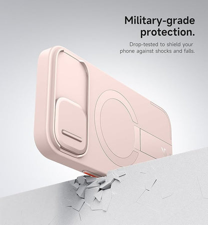 SURITCH for iPhone 13/14 Case with Magnetic Camera Slide Cover and Adjustable Kickstand, Compatible with MagSafe, Shockproof Bumper Case Slim Protective Cover for iPhone 13/14 6.1 Inch, Pink