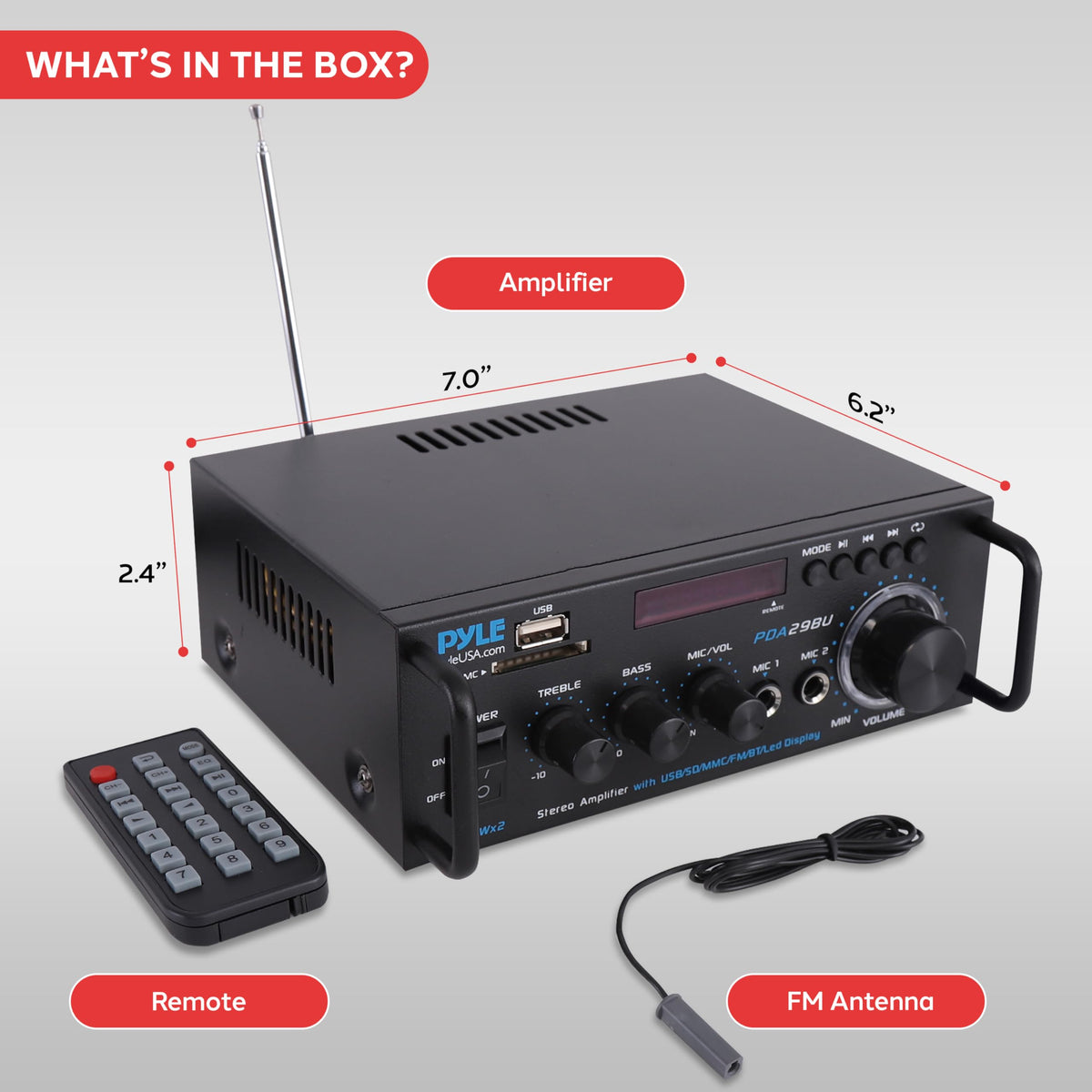 Pyle 200W Wireless Bluetooth Stereo Power Amplifier - 2-Channel Audio Receiver with RCA - USB - SD - MIC IN - FM Radio - Remote Control - AUX Input for Home Theater & Studio Use - PDA29BU.6