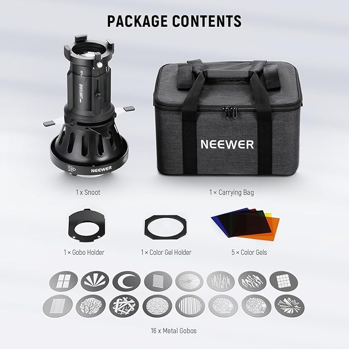 NEEWER Spotlight Snoot with 20° Projection Lens, Adjustable Focus, 16 Metal Gobos 5 Color Gels, Bag, Conical Snoot for Bowens Mount LED Continuous Output Lighting Studio Video Light Up to 300W, LS-39