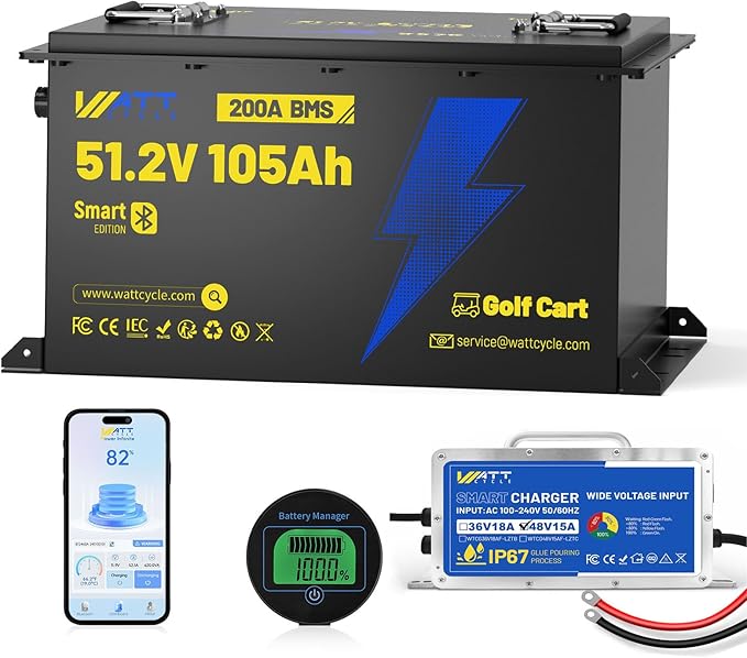 48V(51.2V) 105Ah LiFePO4 Lithium Golf Cart Battery with 48Volt 15A Charger Built-in 200A BMS & Bluetooth, Range of 70 Miles 600A Peak Current for Golf Cart Deep Cycles Batteries Kit
