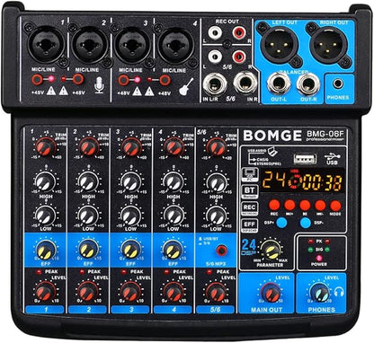 BOMGE 6 Channel mini DJ Audio sound mixer console with USB interface, Bluetooth, Stereo Recording, 48V Phantom Power, 24 DSP effects for karaoke, singing, live，streaming，pc recroding. (black)