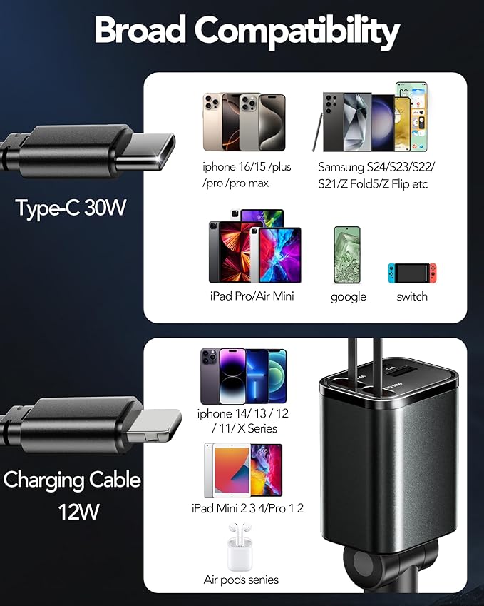Upgraded Retractable Car Charger Adapter,4 in 1 Fast Charging Car Phone Charger,69W USB C Car Truck Accessories,Road Trip Essentials Gift for Men Women for iPhone 16/15/14/13/12/11,Galaxy,Pixel