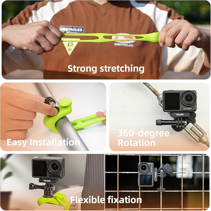 TELESIN Camera 360 Strap Mount Flexible Wrap Band Bike Motorcycle Handlebar Tube Roll Bar Stick Pole Ski Holder Accessories for GoPro Hero 13 12 11 10 Insta360 X5 DJI Osmo Nano Action 5 Pocket 3 AKASO