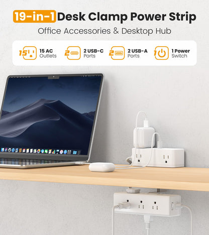 VILONG Dual Layer Desk Clamp Power Strip, 13 Outlets, 20W USB-C, 10FT Cord