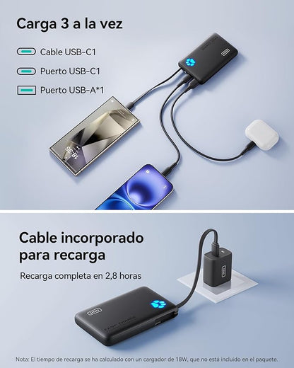 INIU Portable Charger, Slim 10000mAh Power Bank with Build in USB-C Cable, 20W Fast Charging Mini Battery Pack, Travel Trip Flight Cruise Ship Essentials for College Student Travelers Boy Girl, Orange