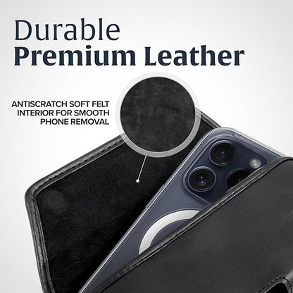 Turtleback Belt Clip for iPhone 16 Pro, 16e, 15 pro 14 Pro 13 Pro -Small- Fits w/Slim MagSafe Style Cases - Premium Black Leather, Horizontal Belt Holder, Magnetic Closure HD Rotating Belt Clip