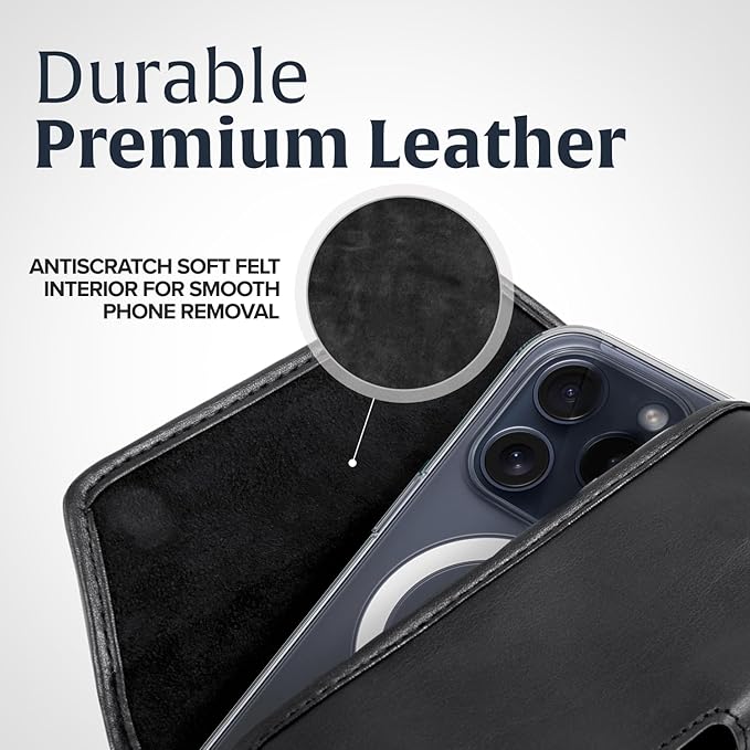 Turtleback Belt Holder for iPhone 16 Pro, 16e, 15 pro 14 Pro 13 Pro -Small- Fits w/Slim MagSafe Style Cases, Premium Black Leather Horiz. Belt Holster, Magnetic Closure, Leather Wrapped Belt Clip