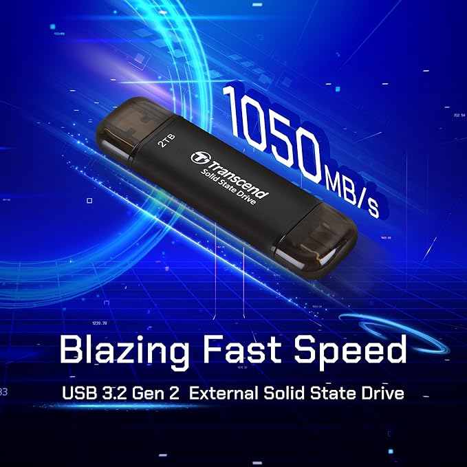 Transcend 2TB External SSD, Up to 1,050MB/s, Dual USB Hard Drive for Tesla, iPhone15,16&iPad&Mac, Steam Deck/ROG Ally/MSI Claw/Windows/Android/PS5/Smart TV, 2-in-1 Type C &A, USB 3.2 Gen2 Portable SSD