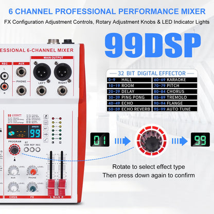 Yamnweo MW-6 White 6 Channel Professional DJ Audio Mixer, Portable Controller Mixer with DSP 99 Preset Effects for Live Streaming, Podcasting, Family Party, Music Recording