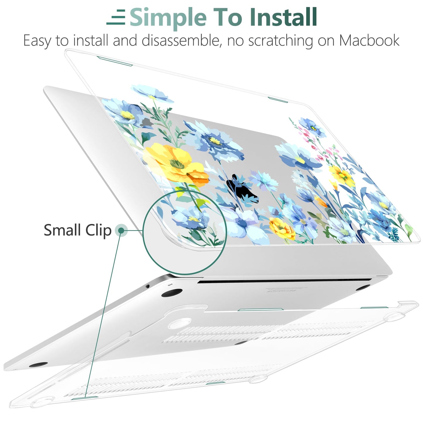 TWOLSKOO Compatible with MacBook Pro 13 inch Case 2023-2016 A2338 M2/M1 A2251 A2289 A2159 A1989 A1706, Plastic Hard Shell Cover & Keyboard Skin & Screen Protector, Blue Flowers