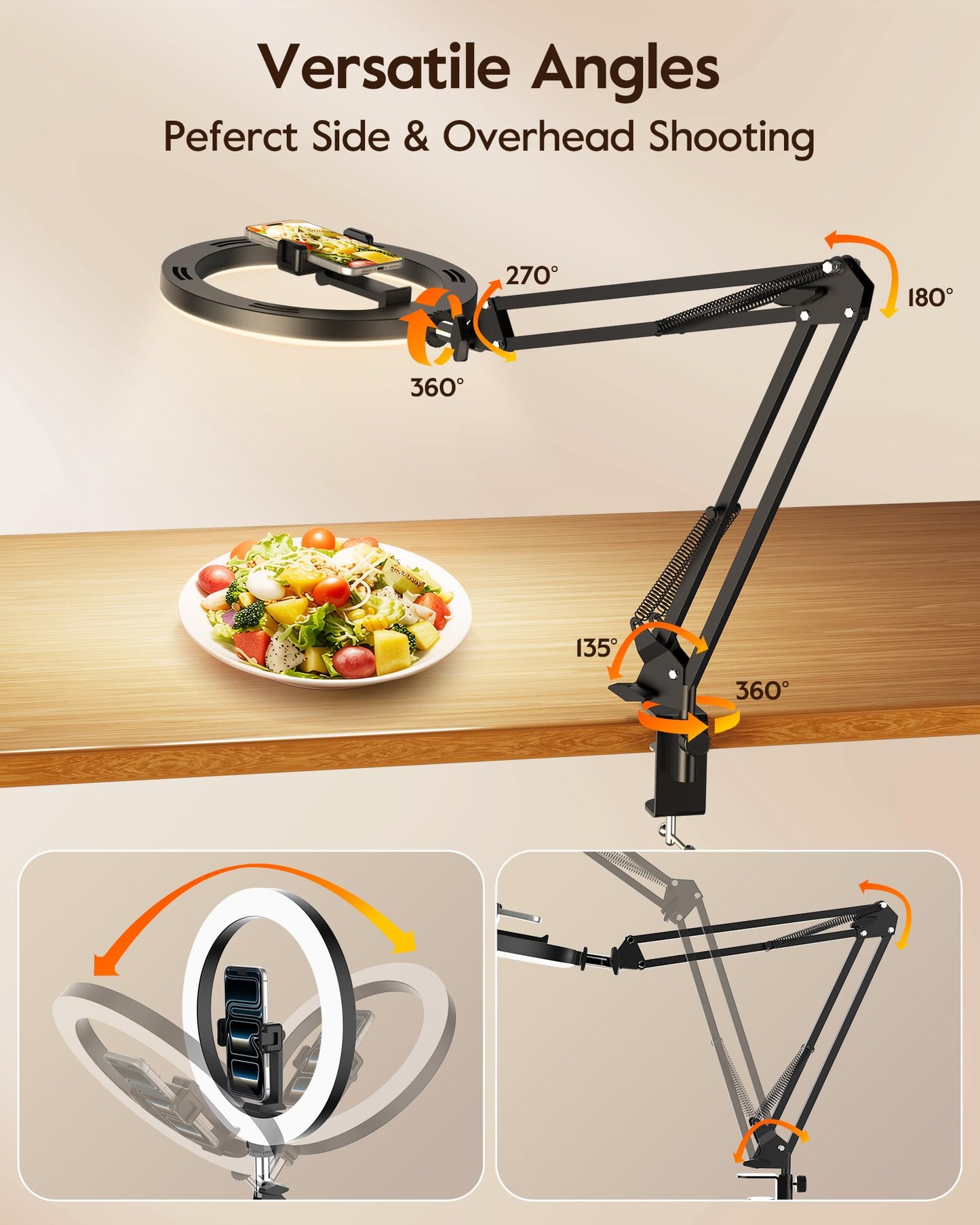 Upgrade Ring Light with Stand, Overhead Phone Mount for Desk, 10” Selfie Light with Stand Tripod for iPhone, Light with Phone Holder for Video Recording,Zoom Meeting,Live Streaming Tiktok,YouTube