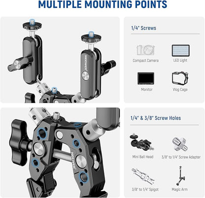 NEEWER Heavy Duty Super Clamp with Two 360° Dual Ball Head Magic Arms, 1/4" 3/8" Screw Threads, Phone & Action Camera Mount Adapter for Flat/Round Surface Compatible with GoPro DJI Insta360 DSLR