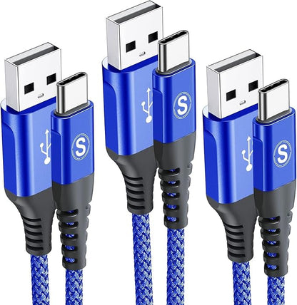sweguard USB Type C Charger Cable [3-Pack,10ft+6.6ft+3.3ft] iPhone 15 Charger Nylon Braided Cord for iPhone 15 Pro Max Samsung Galaxy S23 S22 S21 S20 S10 Note 20 10 Flip A53 A54 Pixel LG Moto PS5-Blue