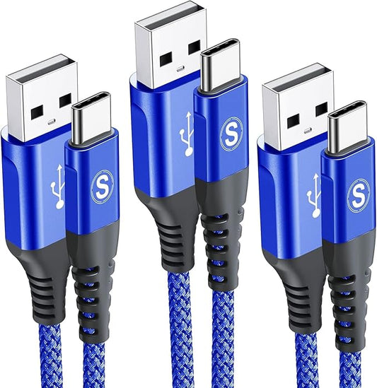 sweguard USB Type C Charger Cable [3-Pack,10ft+6.6ft+3.3ft] iPhone 15 Charger Nylon Braided Cord for iPhone 15 Pro Max Samsung Galaxy S23 S22 S21 S20 S10 Note 20 10 Flip A53 A54 Pixel LG Moto PS5-Blue