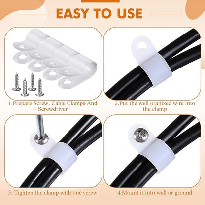 Hicarer 50 Pack R-Type Cable Clip Wire Clamp, Nylon Screw Mounting Cord Fastener Clips with 50 Pack Screws for Wire Management (White,3/8inch)