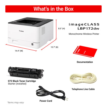Canon imageCLASS LBP172dw – Monochrome Duplex, Wireless Laser Printer, Single Function, Home Office, Mobile Ready, 1 Year Limited Warranty, 35 PPM, White