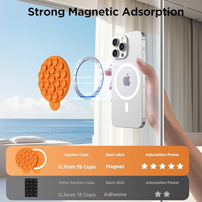 Magnetic Suction Cup Phone Mount for MagSafe Case, Silicone Hands-Free Grip Holder for iPhone and Android, Mirror Shower Phone Stand for Makeup FaceTime Gym Kitchen Bathroom, Orange