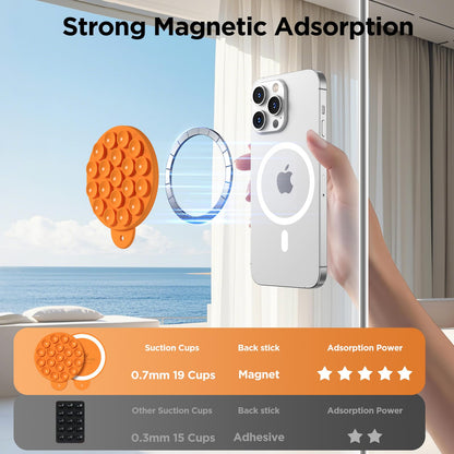 HSAOHD Magnetic Suction Cup Phone Mount with MagSafe, Silicone Hands-Free Grip Holder for iPhone Case and Android, Mirror Shower Phone Stand for Makeup FaceTime Gym Kitchen Bathroom, Orange
