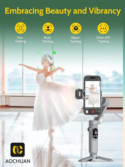 3-axis Gimbal Stabilizer for Smartphone w/ 1/4 Thread Foldable Phone Stabilizer for Recording, Built-in Fill Light, Smartphone Gimbal w/RGB Light for iPhone 15/14 Vlogging(Smart X Kit Grey)